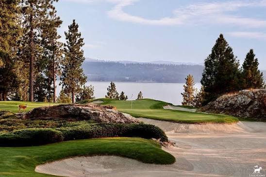Lakeside hole with rocky bunkering and mountain views