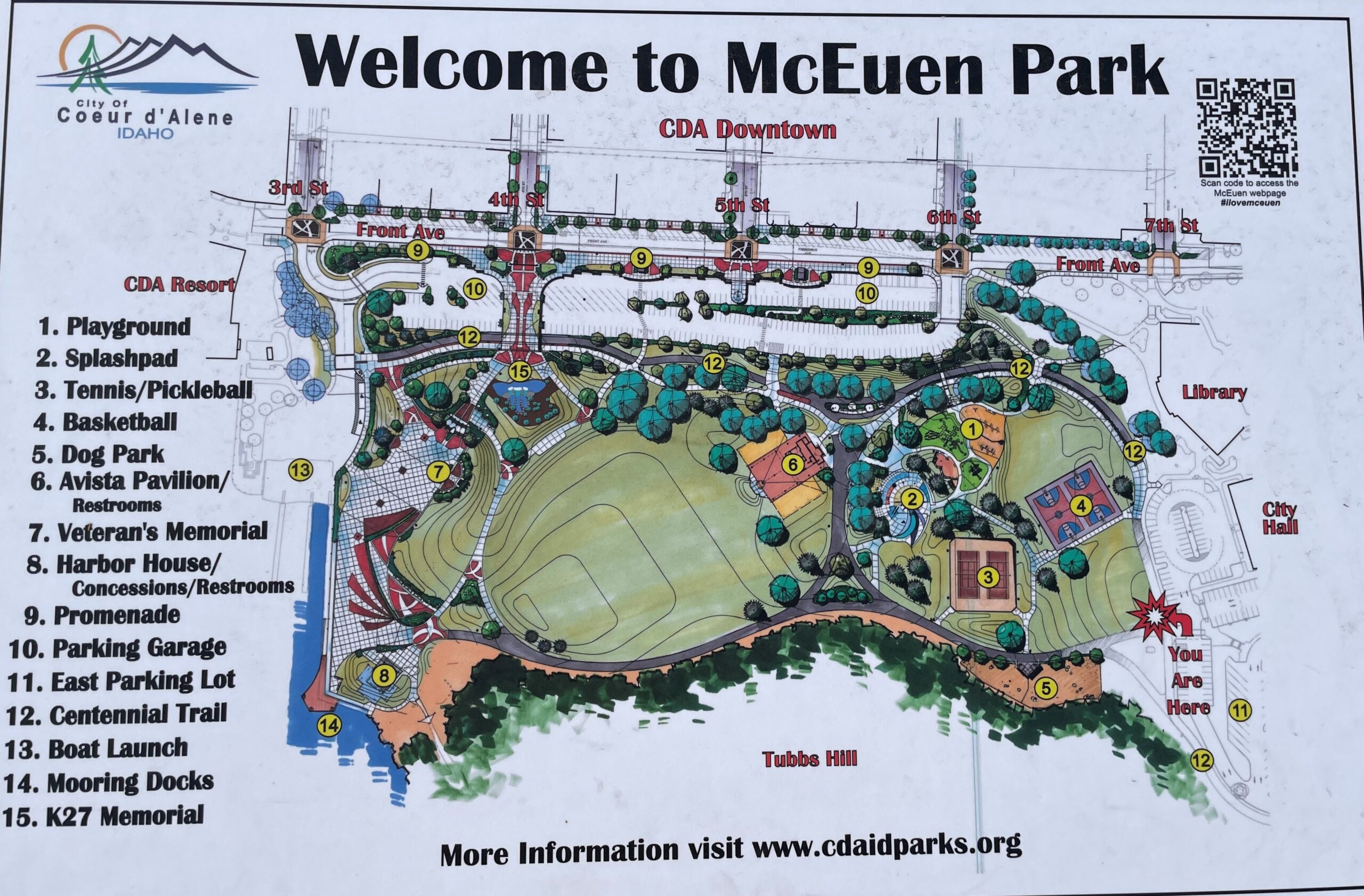 Welcome to McEuen Park map showing playground, splash pad, courts, and trails