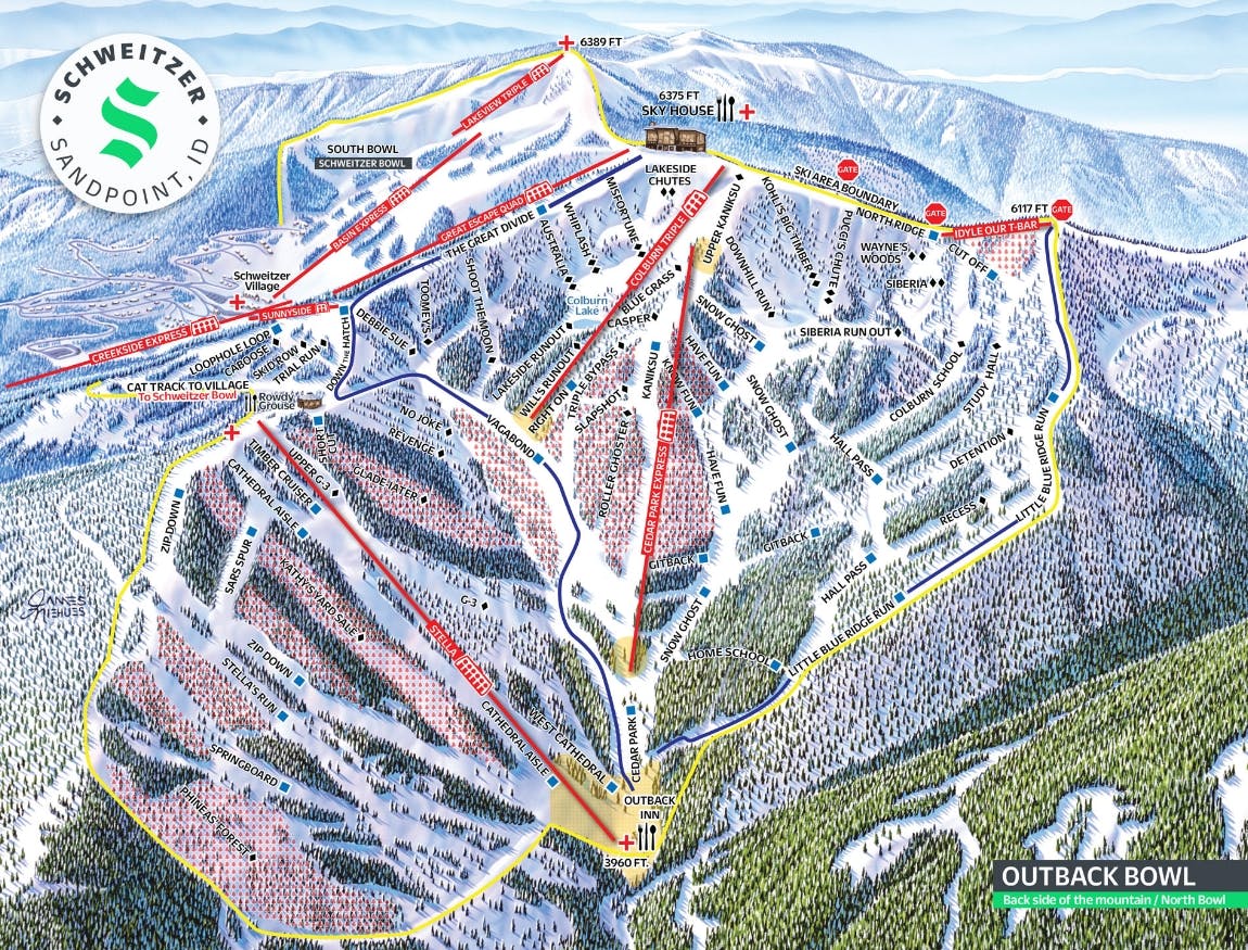 Schweitzer Mountain Resort trail map showing ski runs and lifts